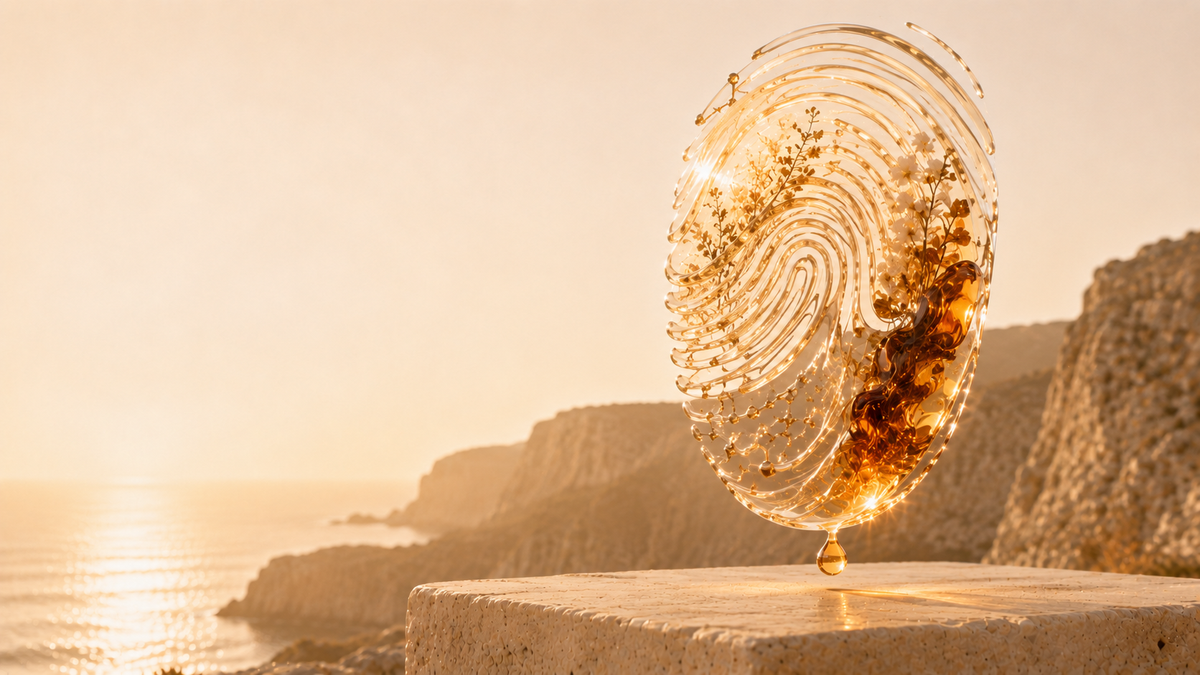 Liquid fragrance fingerprint representing the concentrated materials, character and personal identity of extrait de parfum