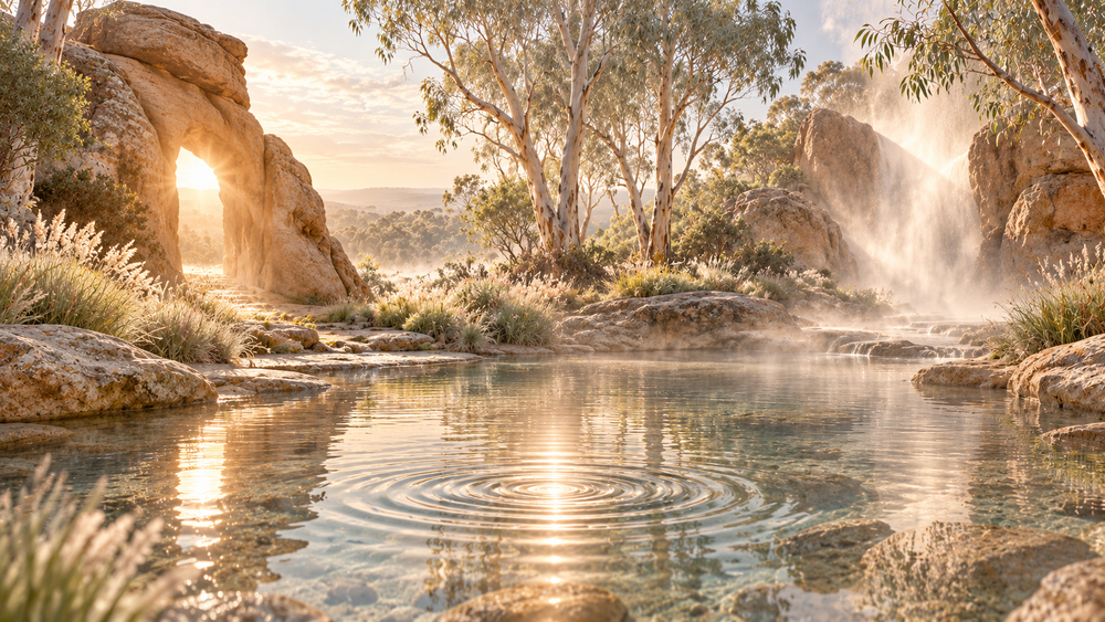 An illuminated Australian natural sanctuary representing the three ICBM fragrance worlds and the Fourth World created by the wearer.