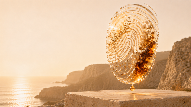 Liquid fragrance fingerprint representing the concentrated materials, character and personal identity of extrait de parfum