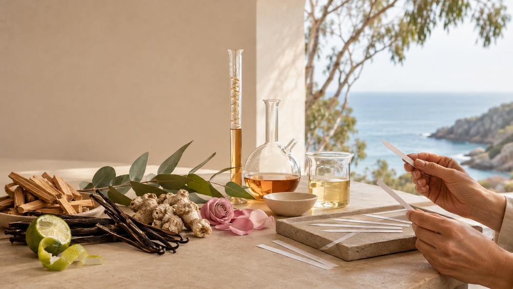 Haute perfumery materials including sandalwood, vanilla, orris root and botanicals in an Australian perfumer atelier