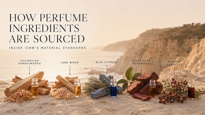 Australian sandalwoods, Jade Wood, Blue Cypress, Australian rosewood and Boronia absolute in the ICBM perfume palette