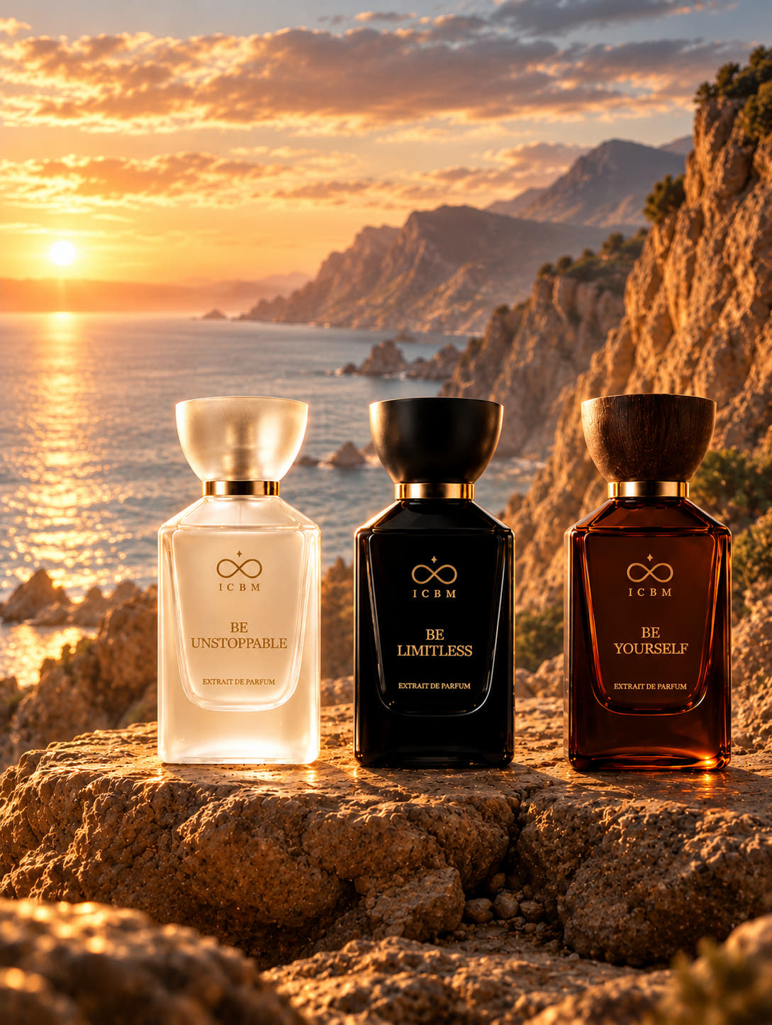 Three ICBM perfumes on a rocky coast at golden sunset