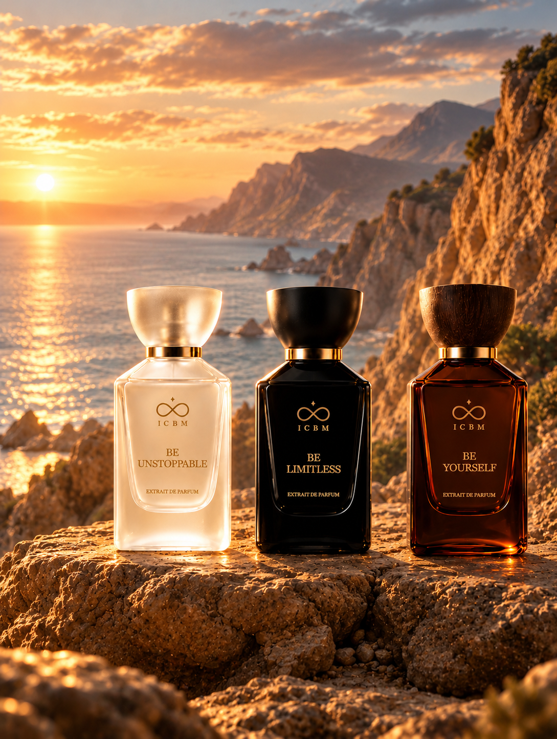 Three ICBM perfumes on a rocky coast at golden sunset